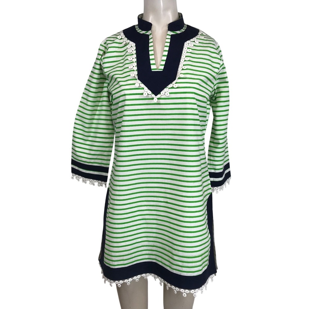 GRETCHEN SCOTT - WOMEN'S SMALL- GREEN /WHITE STRIPE LONG SLEEVE V NECK TUNIC